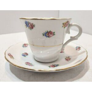 Vtg Colclough Bone China Pink & Blue Floral Teacup and Saucer W/Gold Trim